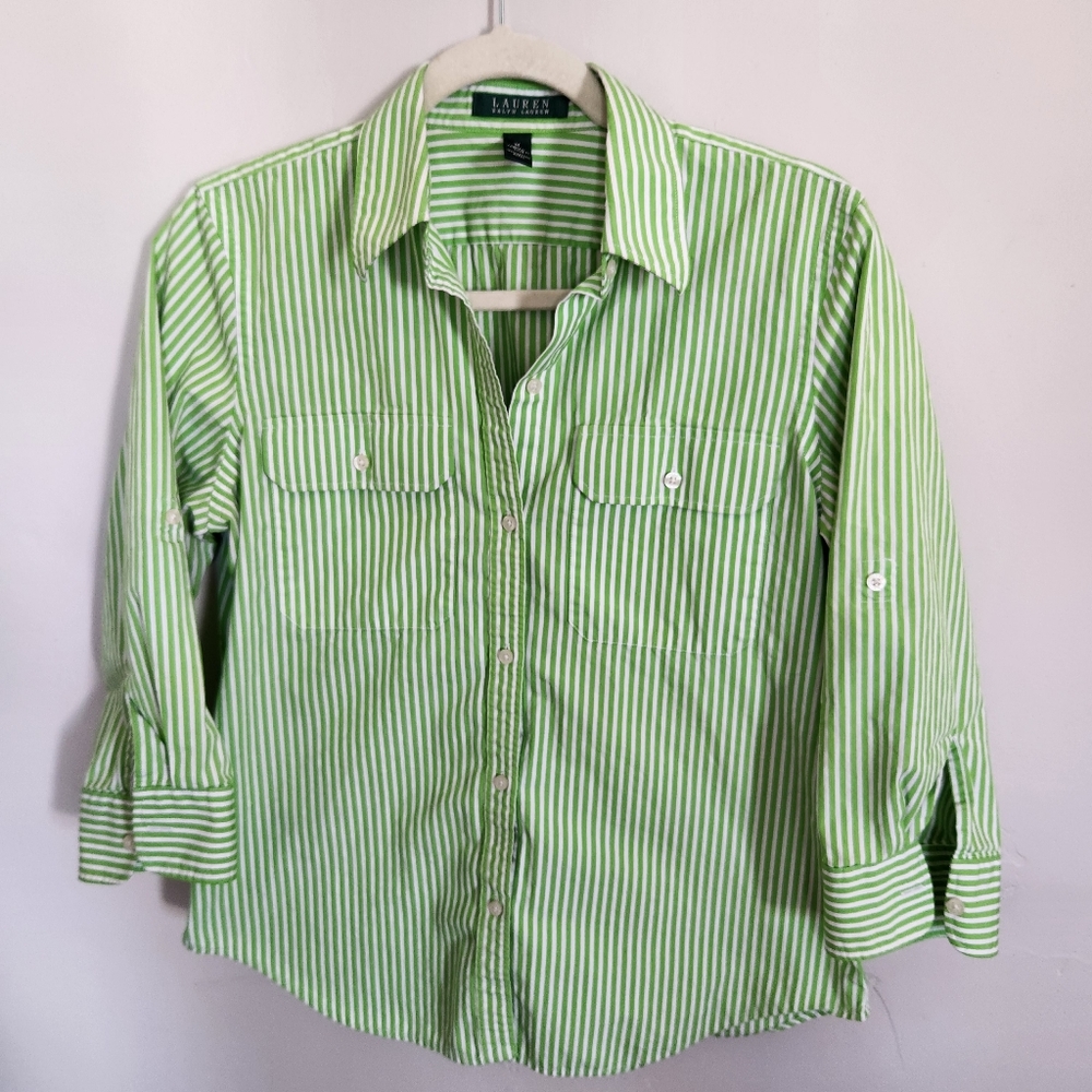 Ladies Green and White Striped Blouse